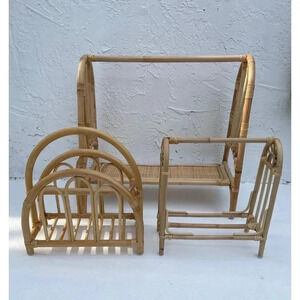 Vintage Three Bamboo Natural Rattan Magazine Towels Shoes Holder Hand Woven